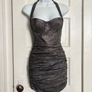 NEW BABYBOO Aidette Mini Bodycon Halter Dress Black Silver Sparkle XS